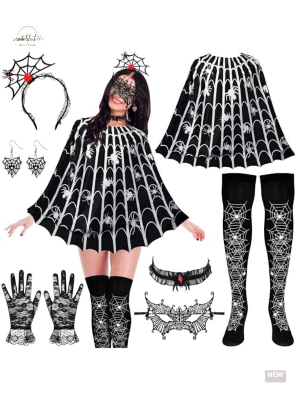 7 Pcs Spider Costume Set Poncho Dress Lace Mask Gloves Choker Halloween